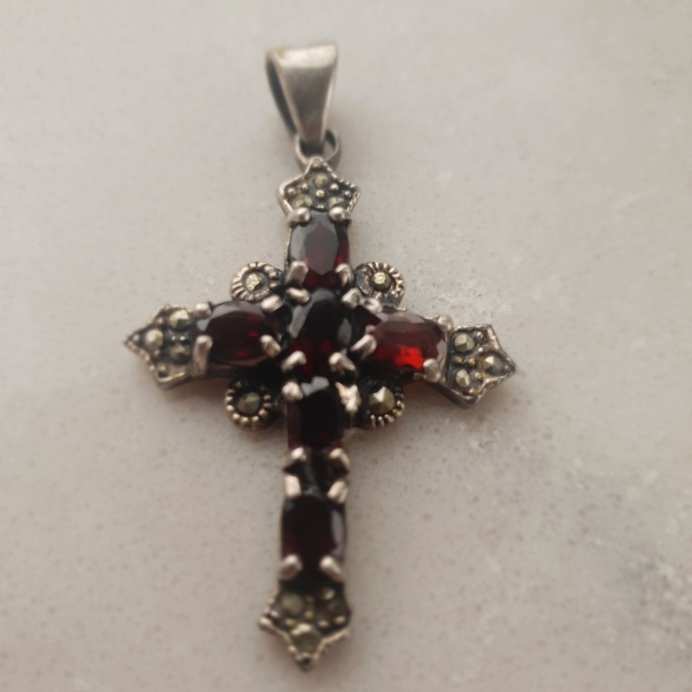 SOLD S1ilver Cross Pendant (garnets and marcasite)